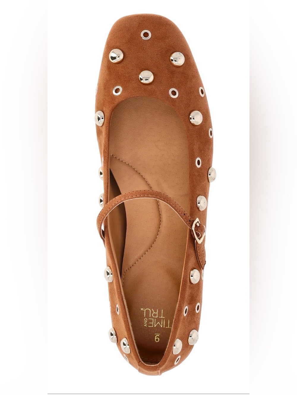 NWT Time and Tru Brown Cognac Studded Mary Jane Flat Faux suede - Picture 4 of 8
